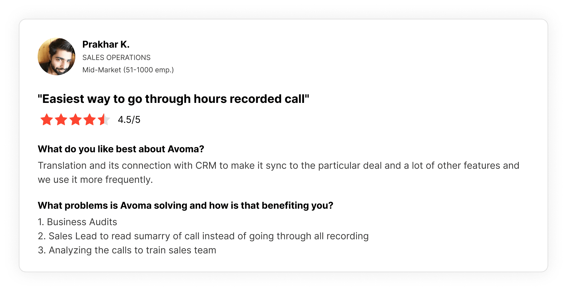 G2 customer review for Avoma's conversation intelligence software