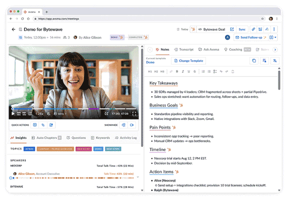 GIF of Avoma auto follow-up: rep clicks “Send follow-up email,” Avoma instantly drafts an email from notes and action items, then sends via Gmail/Outlook.