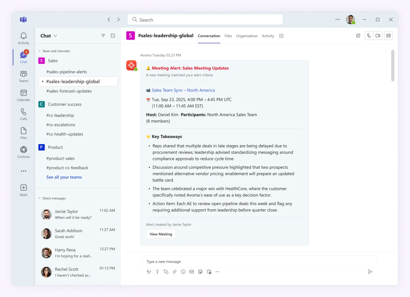 Screenshot of automated meeting alerts in Teams from Avoma