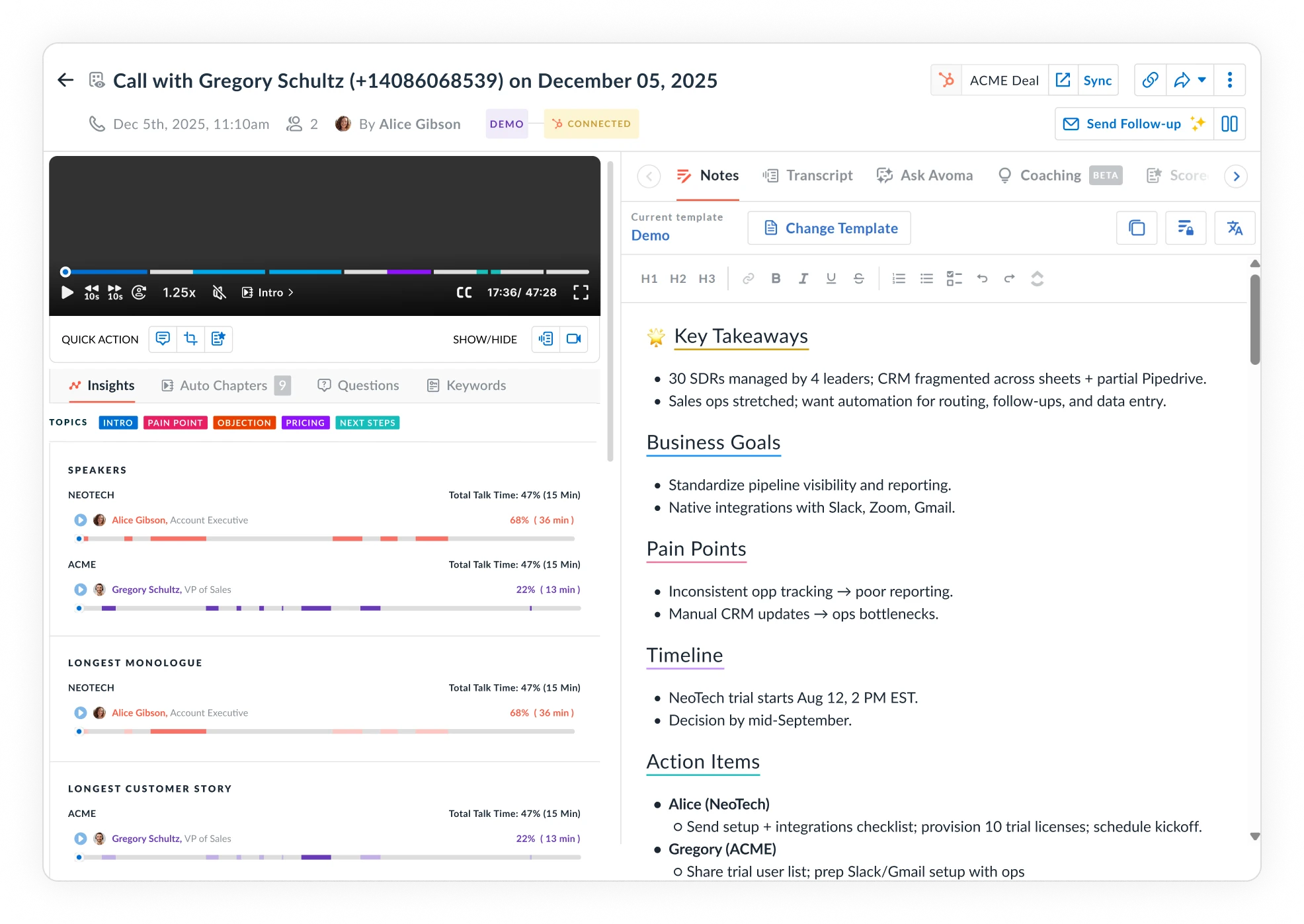 Screenshot of Avoma creating AI notes and action items from a Dialpad recorded call.