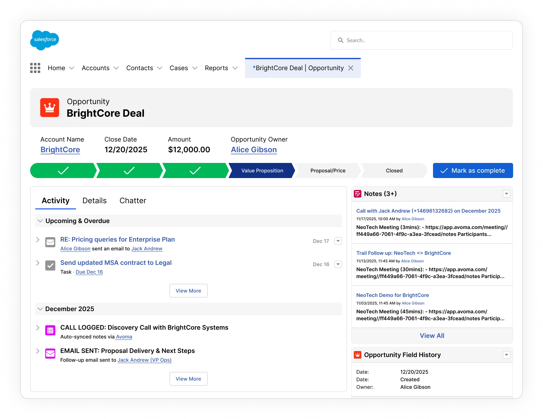 Salesforce Opportunity timeline showing Avoma call recording, transcript, notes, and structured fields carried over from the Lead after conversion.