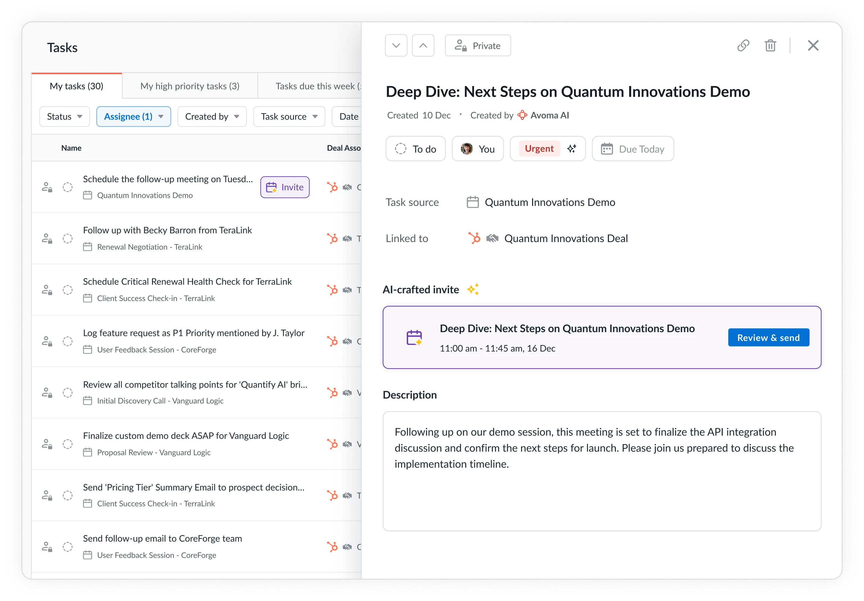 Screenshot of Avoma AI Task Manager