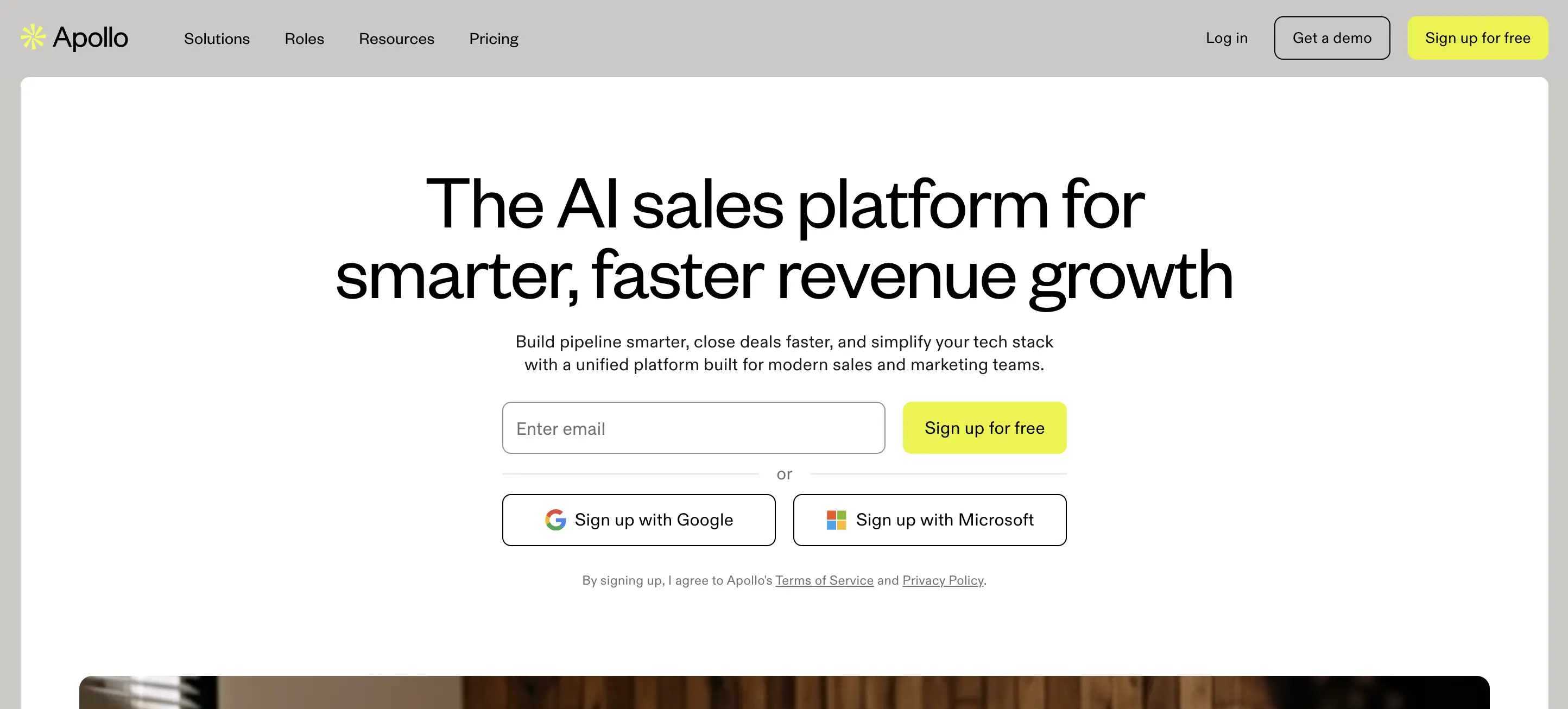 Apollo AI SDR and outreach assistant homepage screenshot.