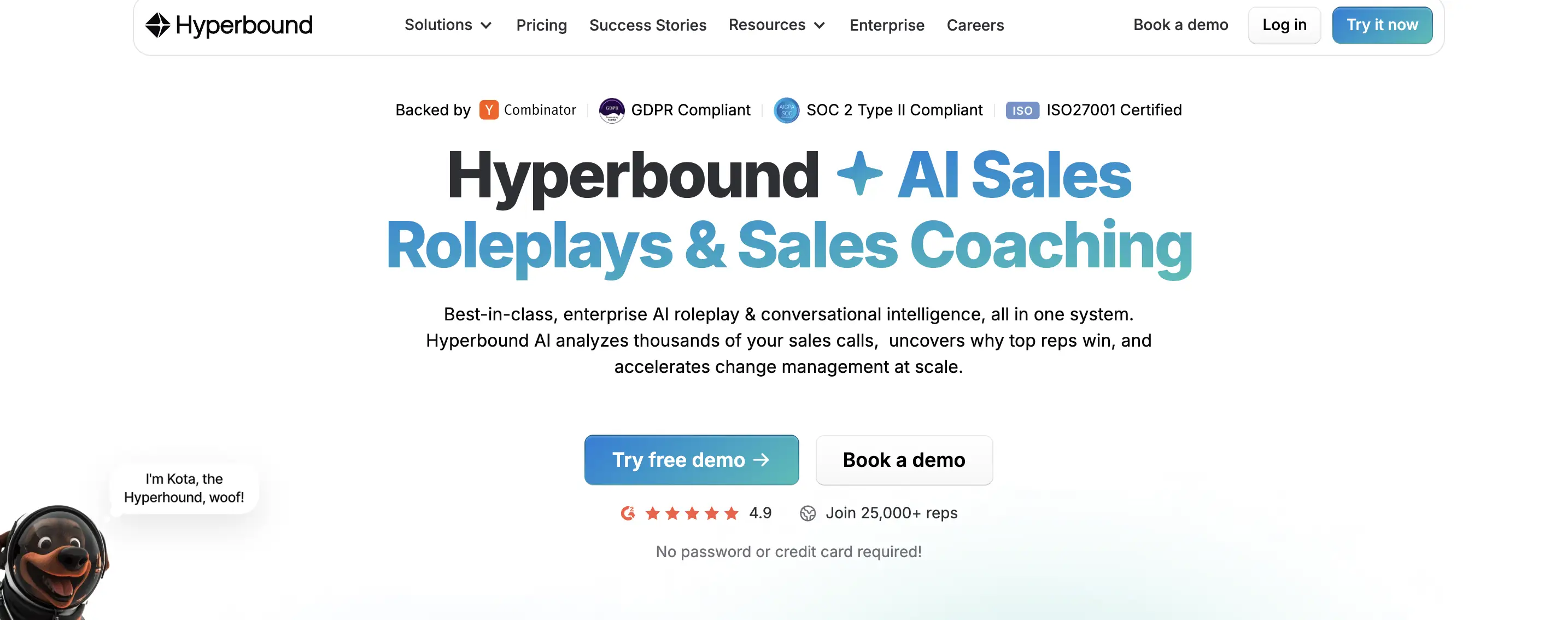 Hyperbound AI sales role play and coaching homepage screenshot.