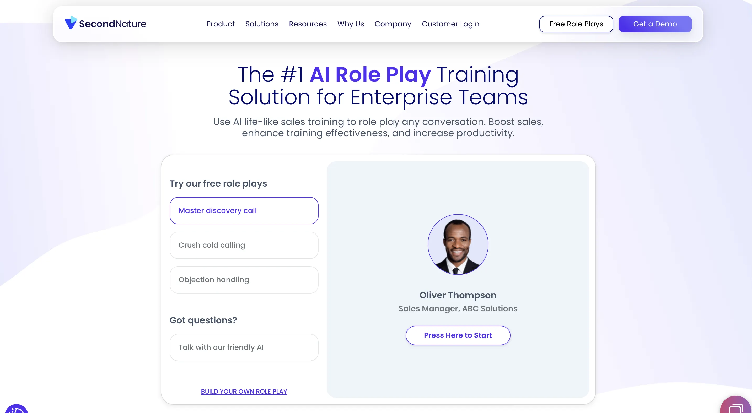 Second Nature AI sales training and role play platform screenshot.