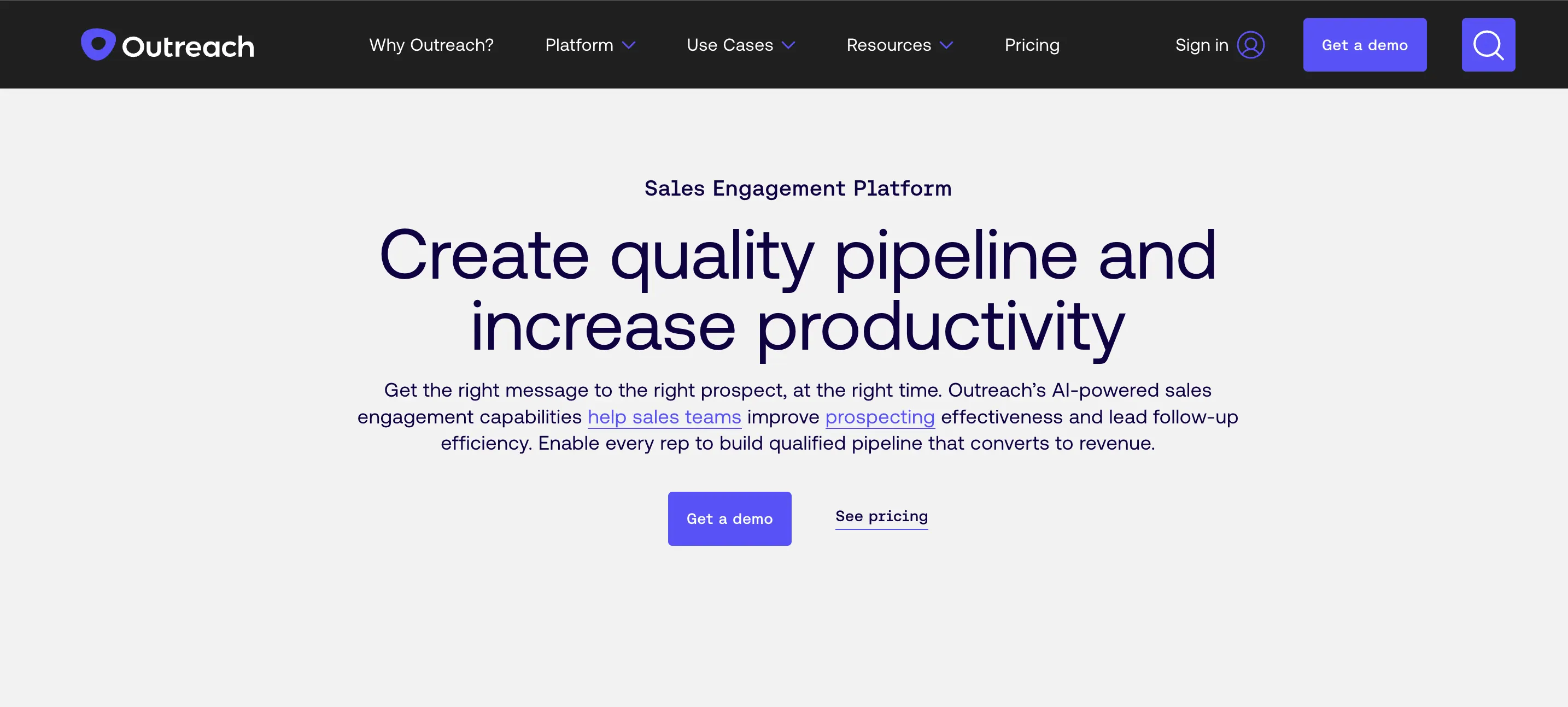 Screenshot of Outreach sales engagement platform with multi-step sequencing and CRM-synced activity tracking.