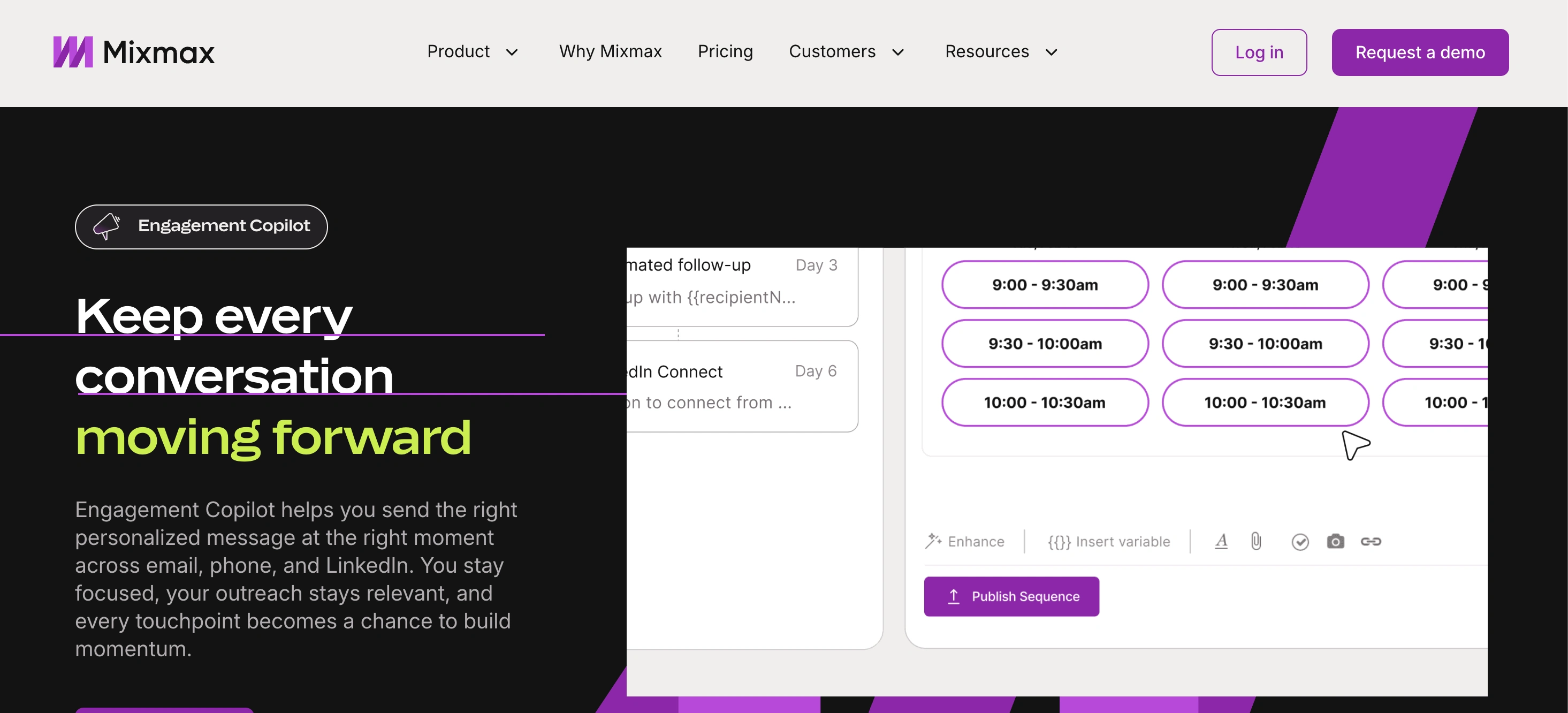 A screenshot of Mixmax sales engagement tool built for Gmail-based sequencing and CRM sync.