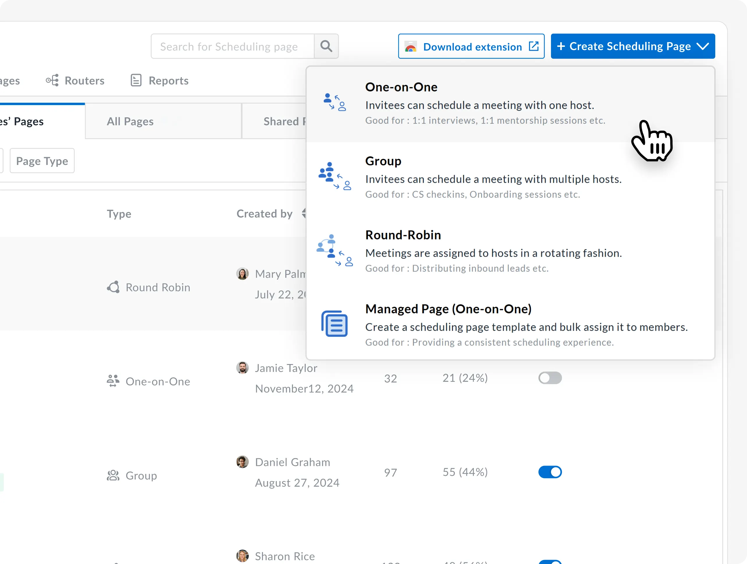 A screenshot of Avoma Sales scheduling software with round robin routing and ownership-based assignment.