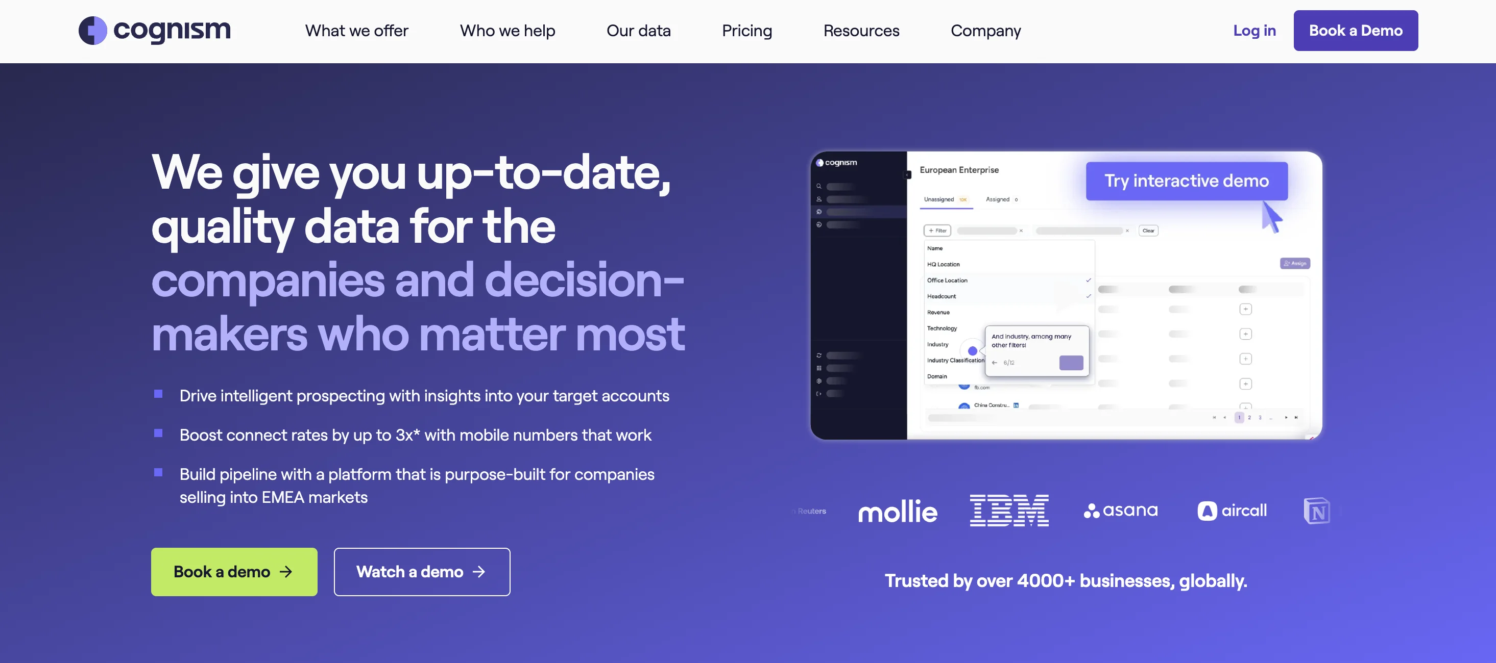 Cognism homepage screenshot showing its B2B contact data platform for sales acceleration and outbound prospecting.