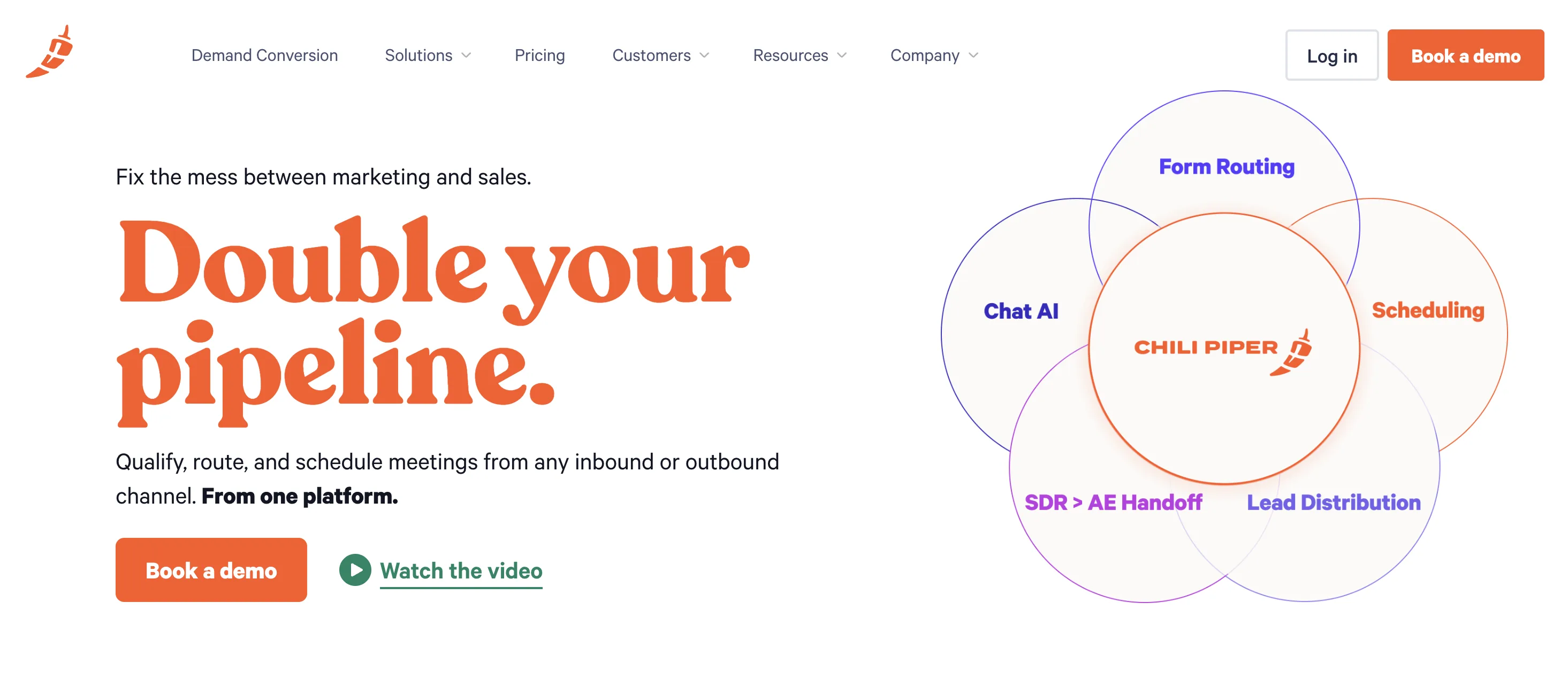 Chili Piper homepage screenshot showing its sales acceleration software for real-time meeting scheduling and lead routing.
