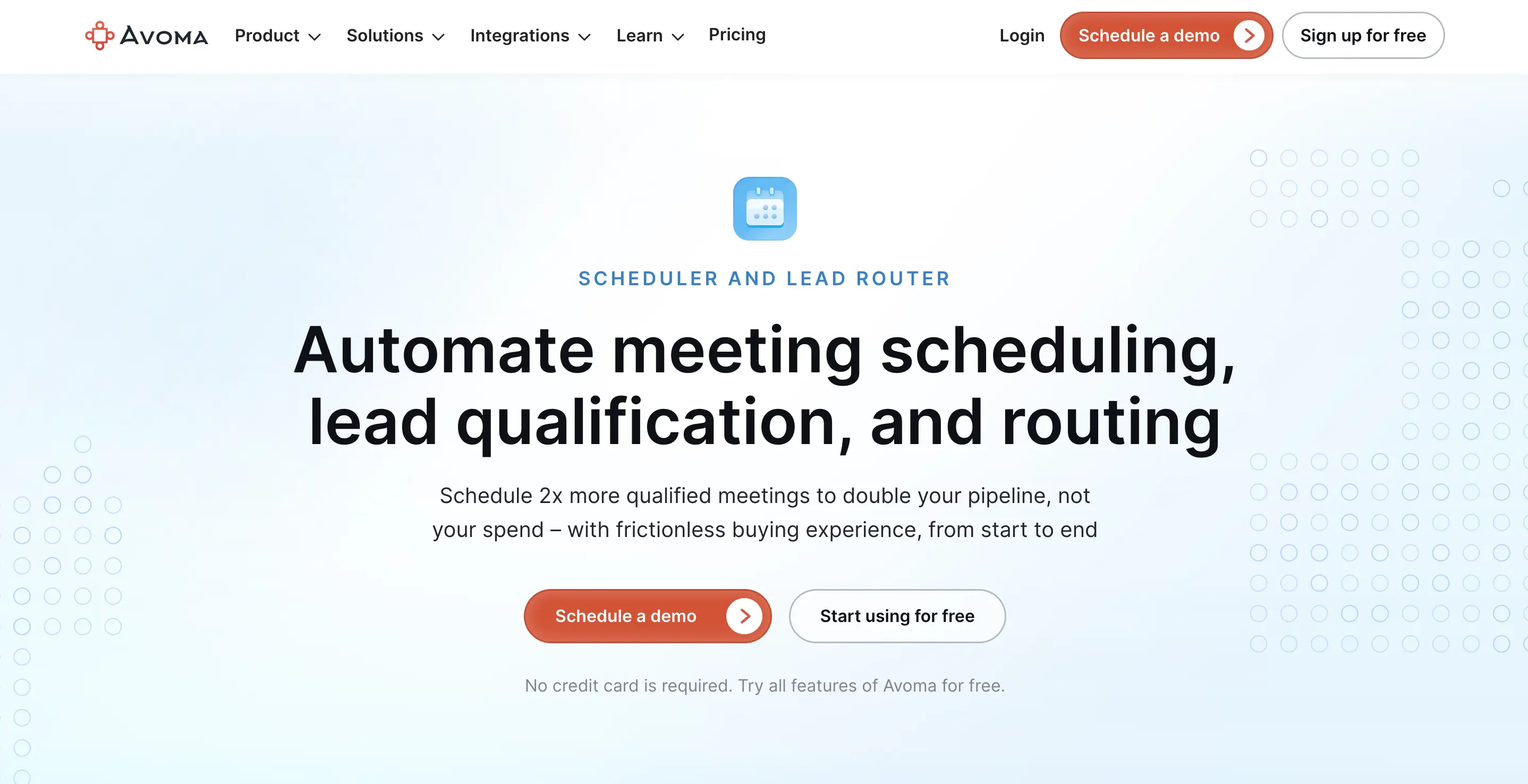 Avoma homepage screenshot. Lead routing software for meeting scheduling and rep assignment.