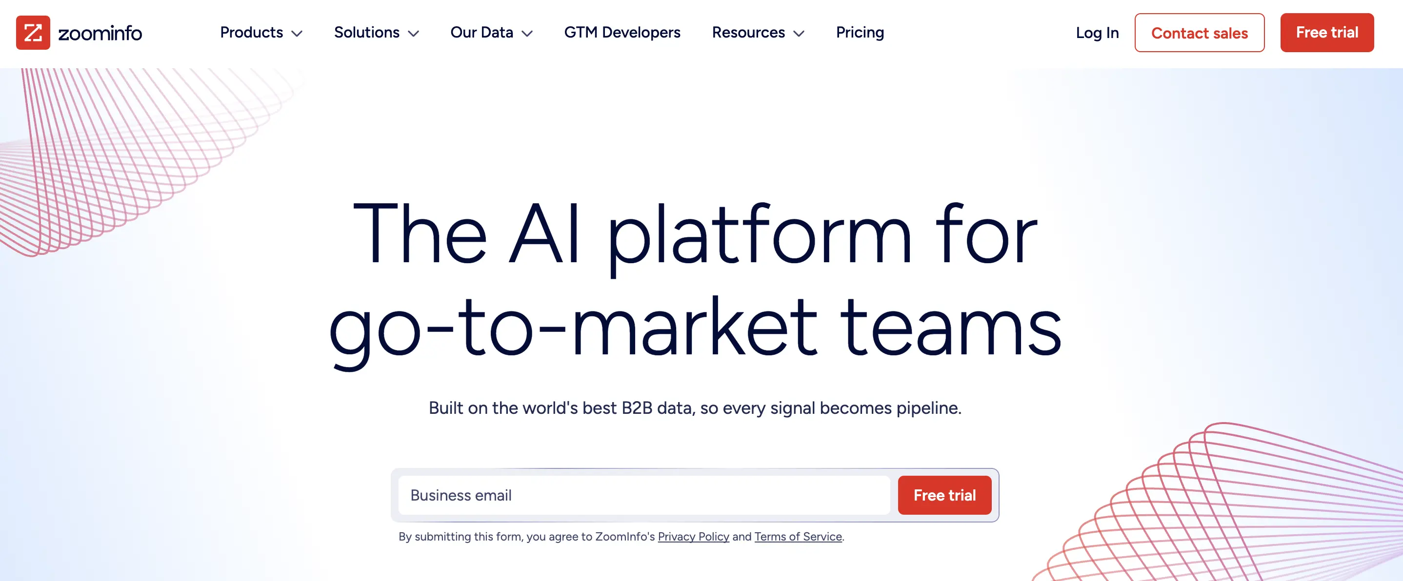 ZoomInfo homepage screenshot. ZoomInfo is a sales intelligence and productivity platform for prospecting and data enrichment