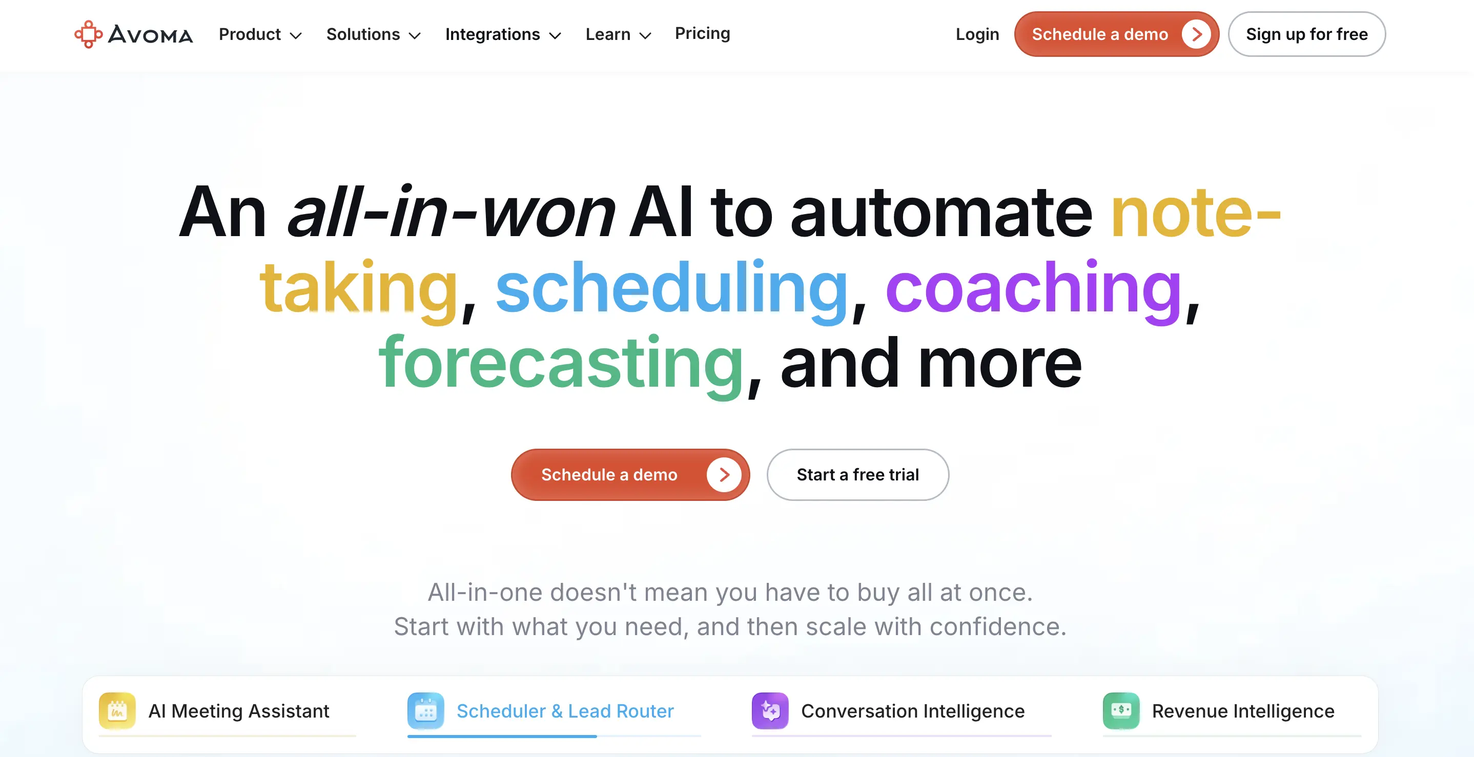 Avoma homepage screenshot. Avoma is a conversation intelligence and revenue productivity platform for meetings and CRM automation