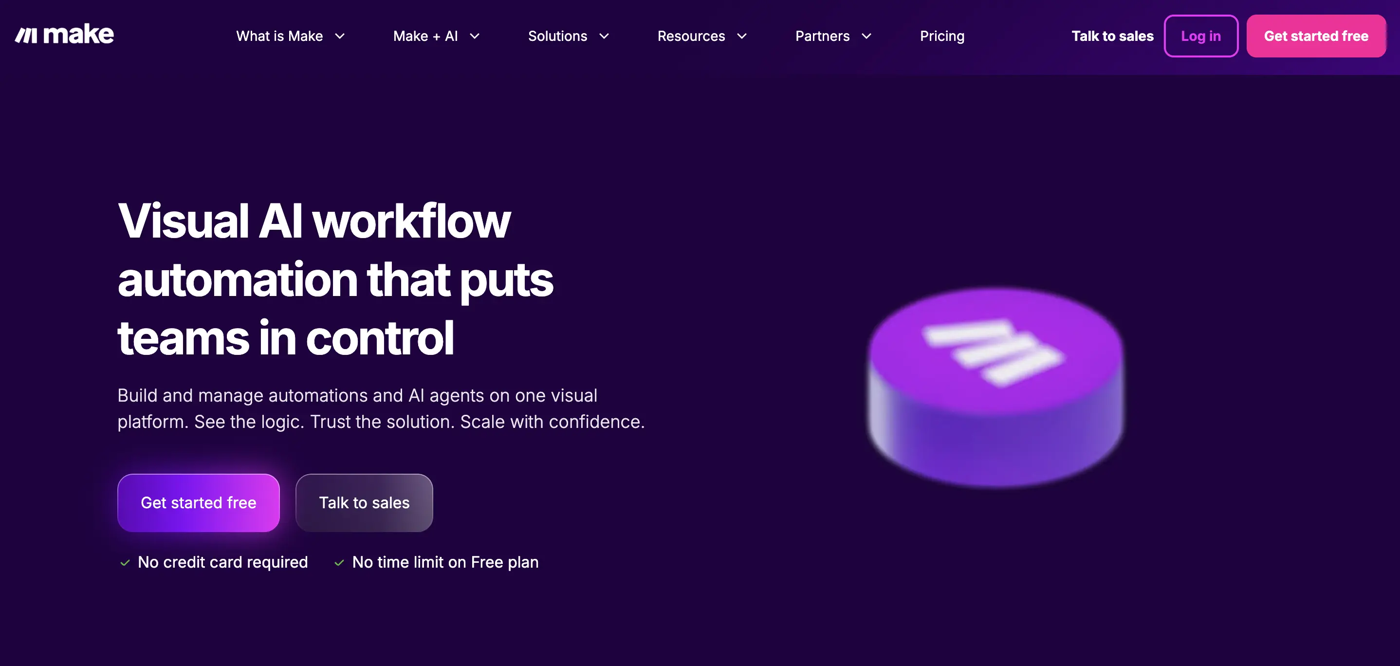 Make homepage screenshot. Make is a workflow automation and sales productivity platform for complex integrations