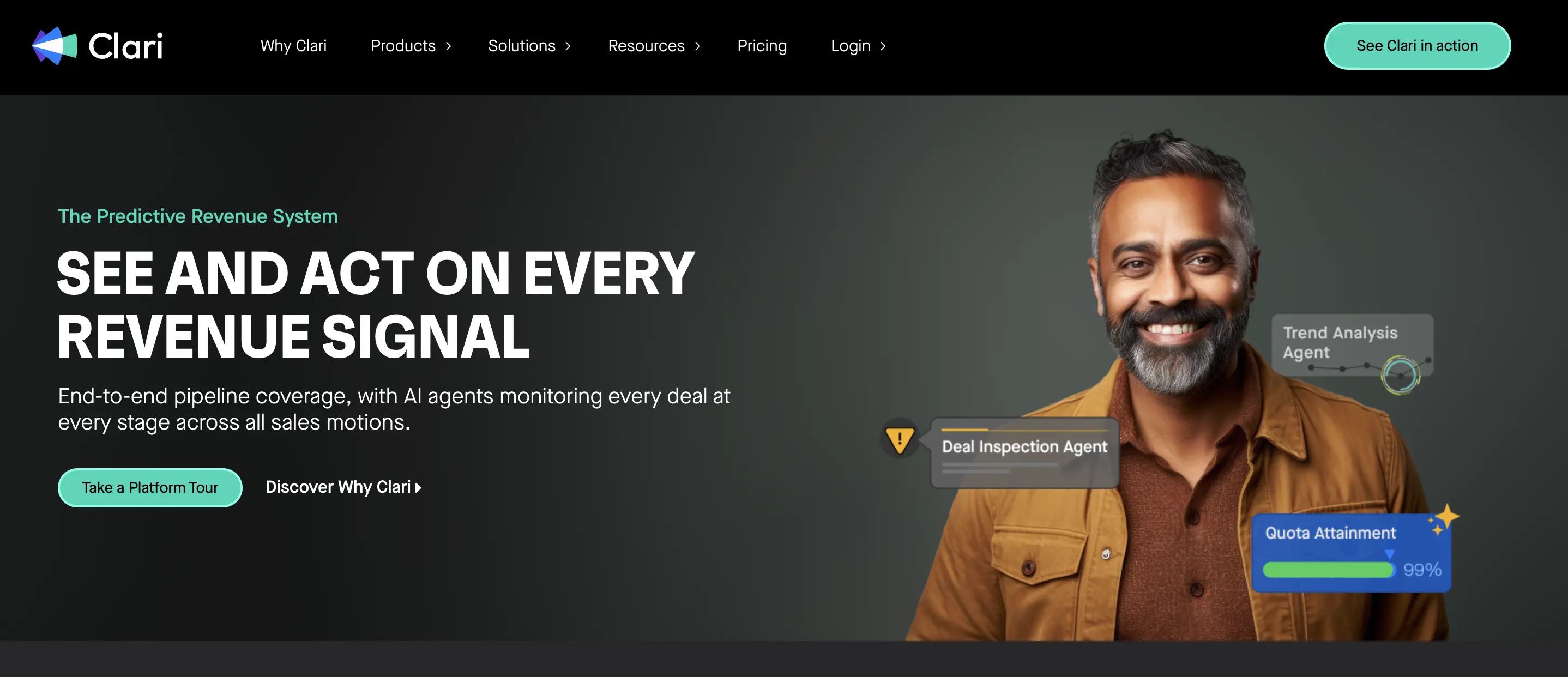 Clari homepage screenshot. Clari is a revenue intelligence and sales productivity platform for forecasting and pipeline visibility