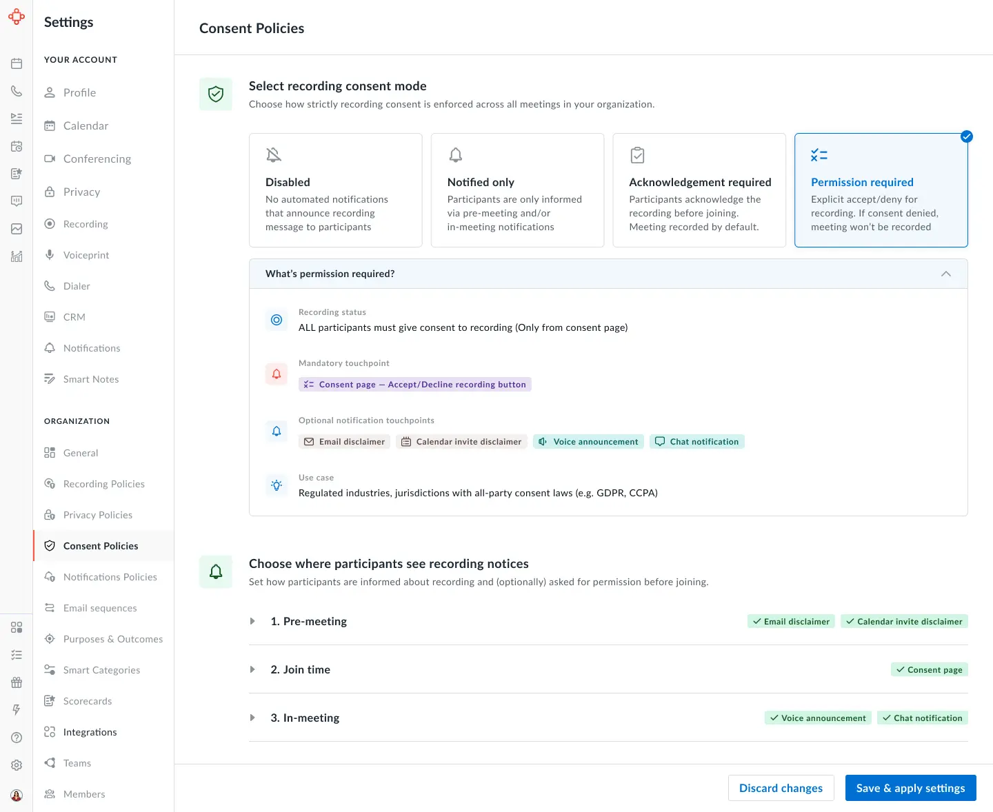 Avoma consent policies screen showing options to control meeting recording consent: Disabled, Notified only, Acknowledgment required, and Permission required, with descriptions of each level.