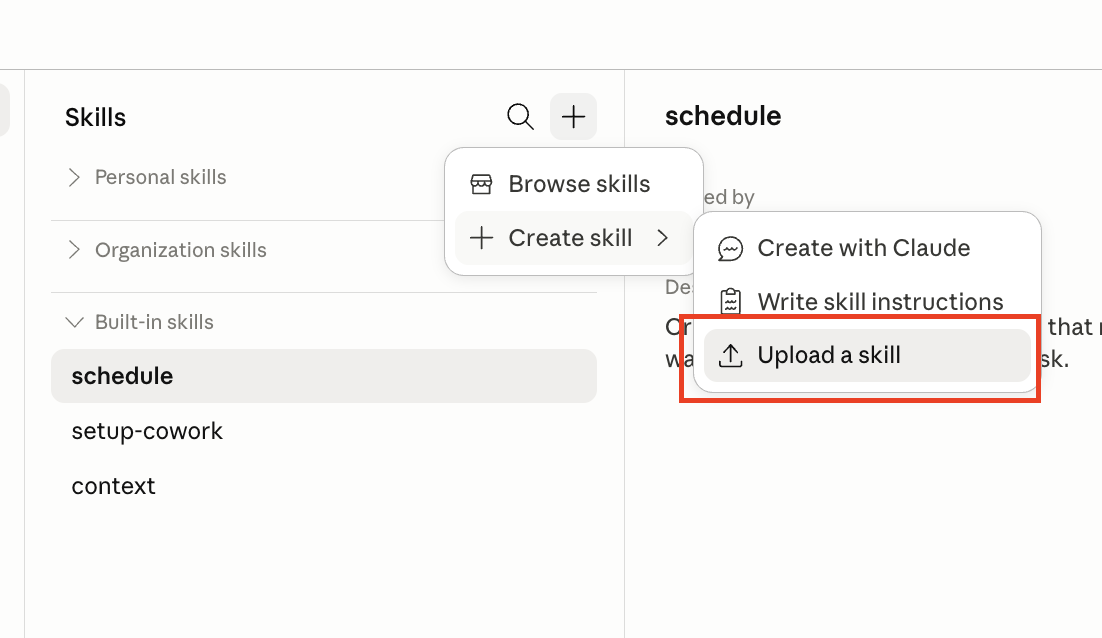 Screenshot showing how to add a new skill to Claude