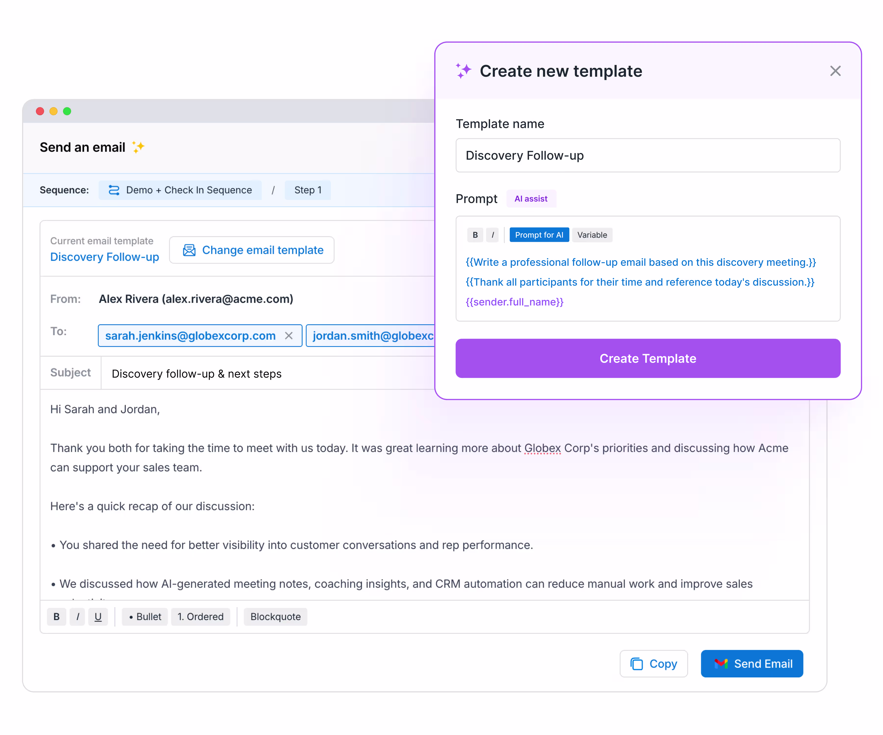 AI email templates in Avoma