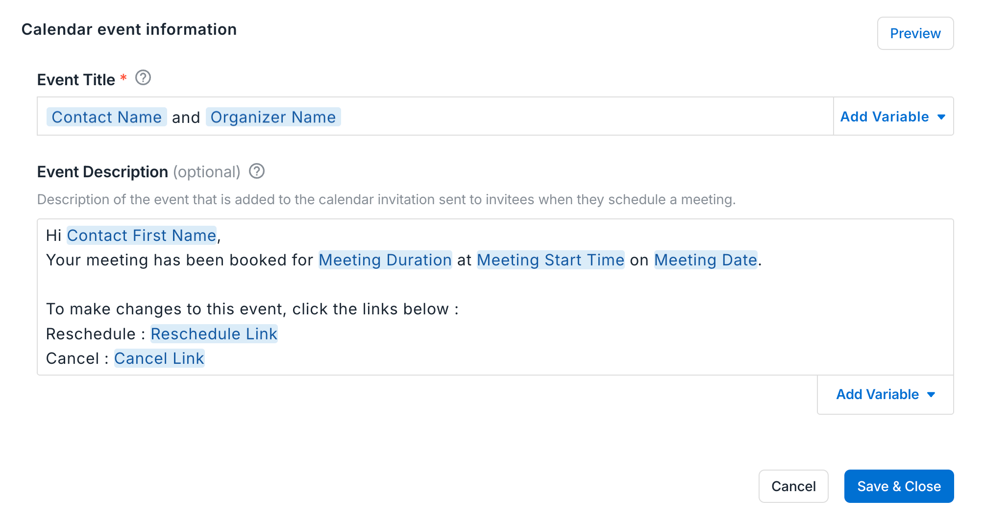 Avoma scheduling tool with a standardized meeting title template.