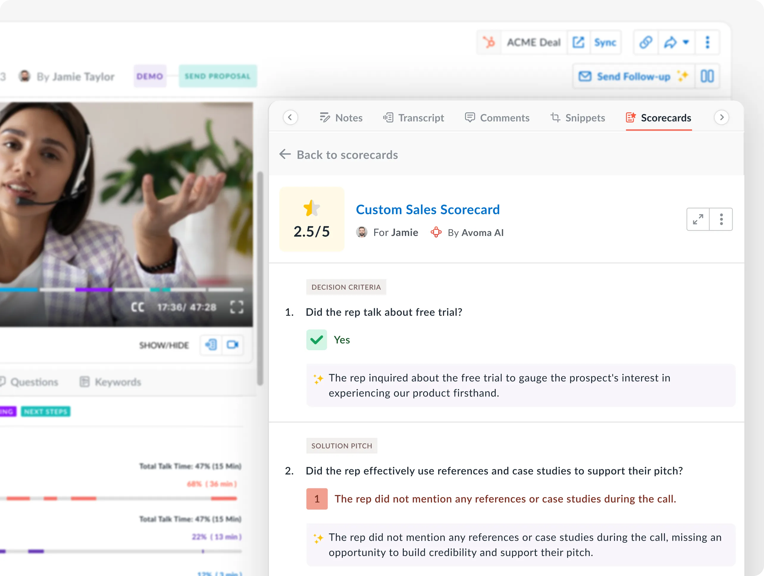 Avoma AI-generated call scorecard showing decision criteria scored against a custom sales rubric