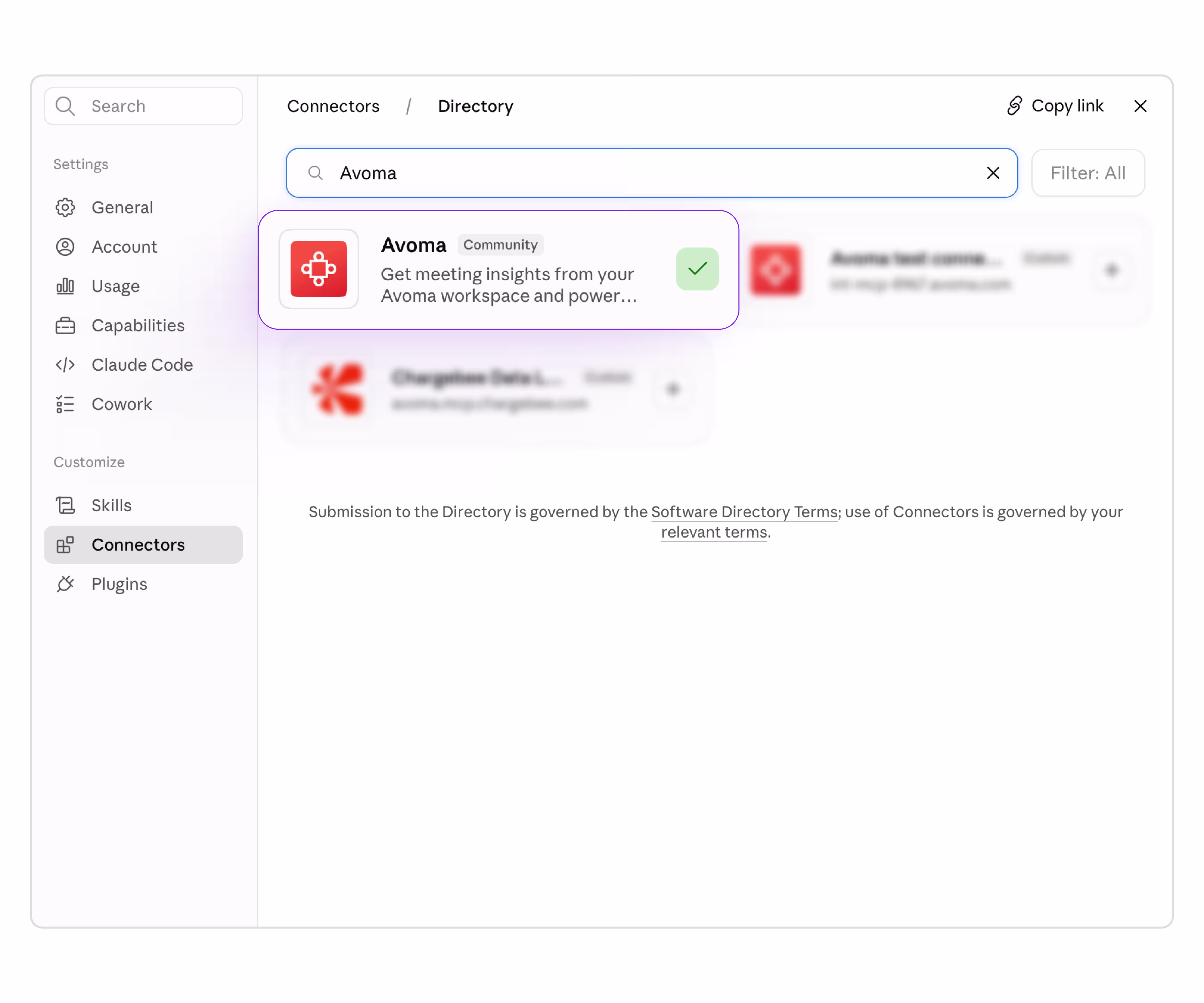 Avoma in Claude connector directory