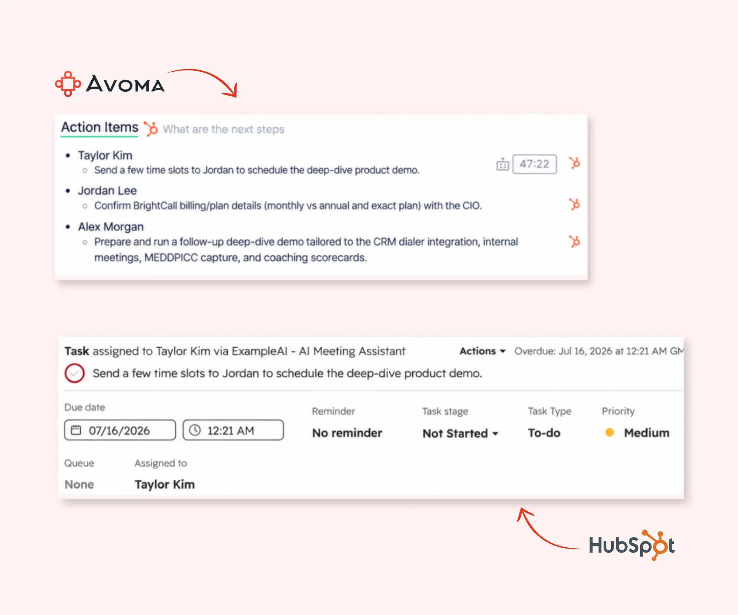 Hubspot task creation from conversations using avoma