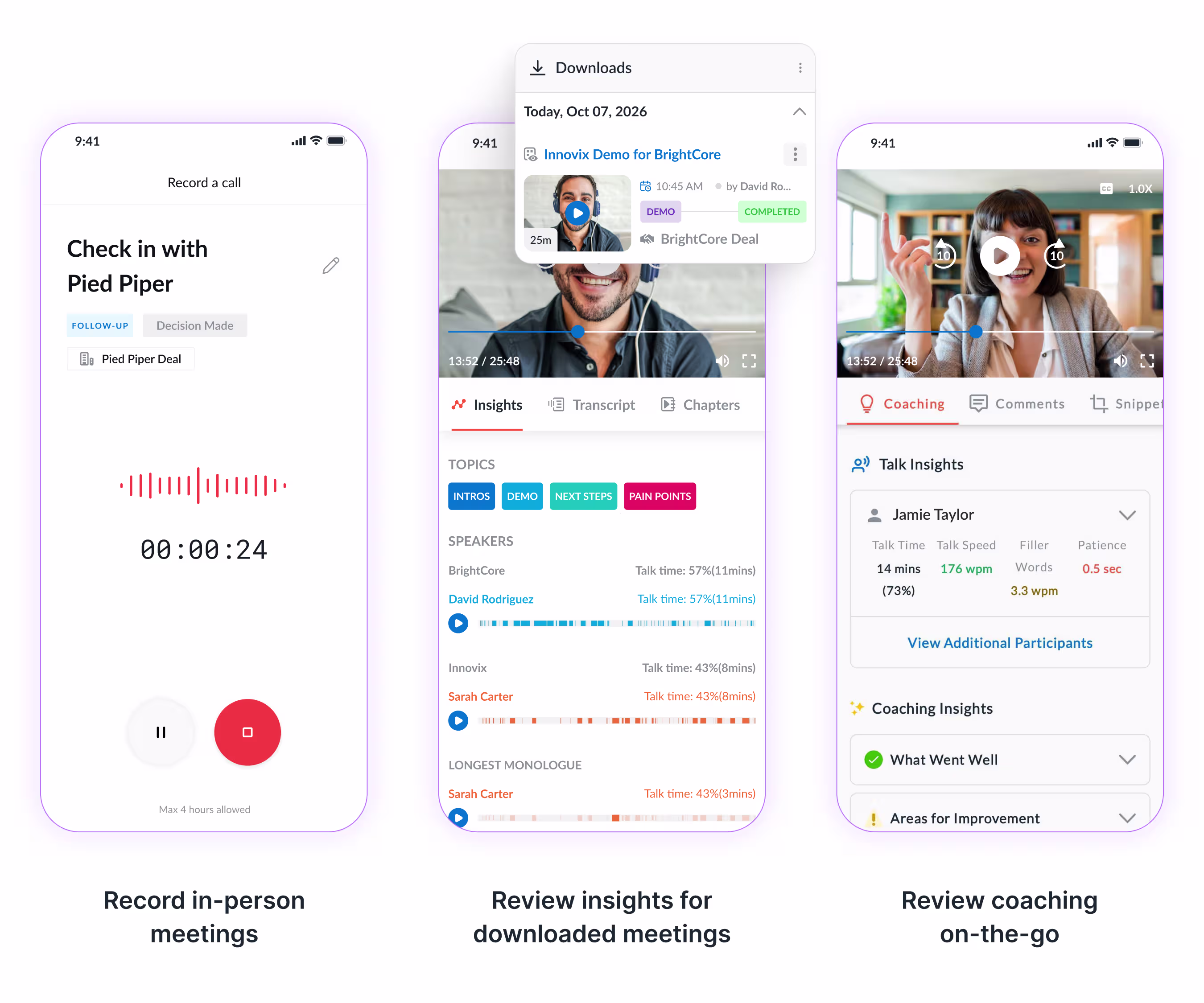 Avoma mobile app recording and coaching feedback