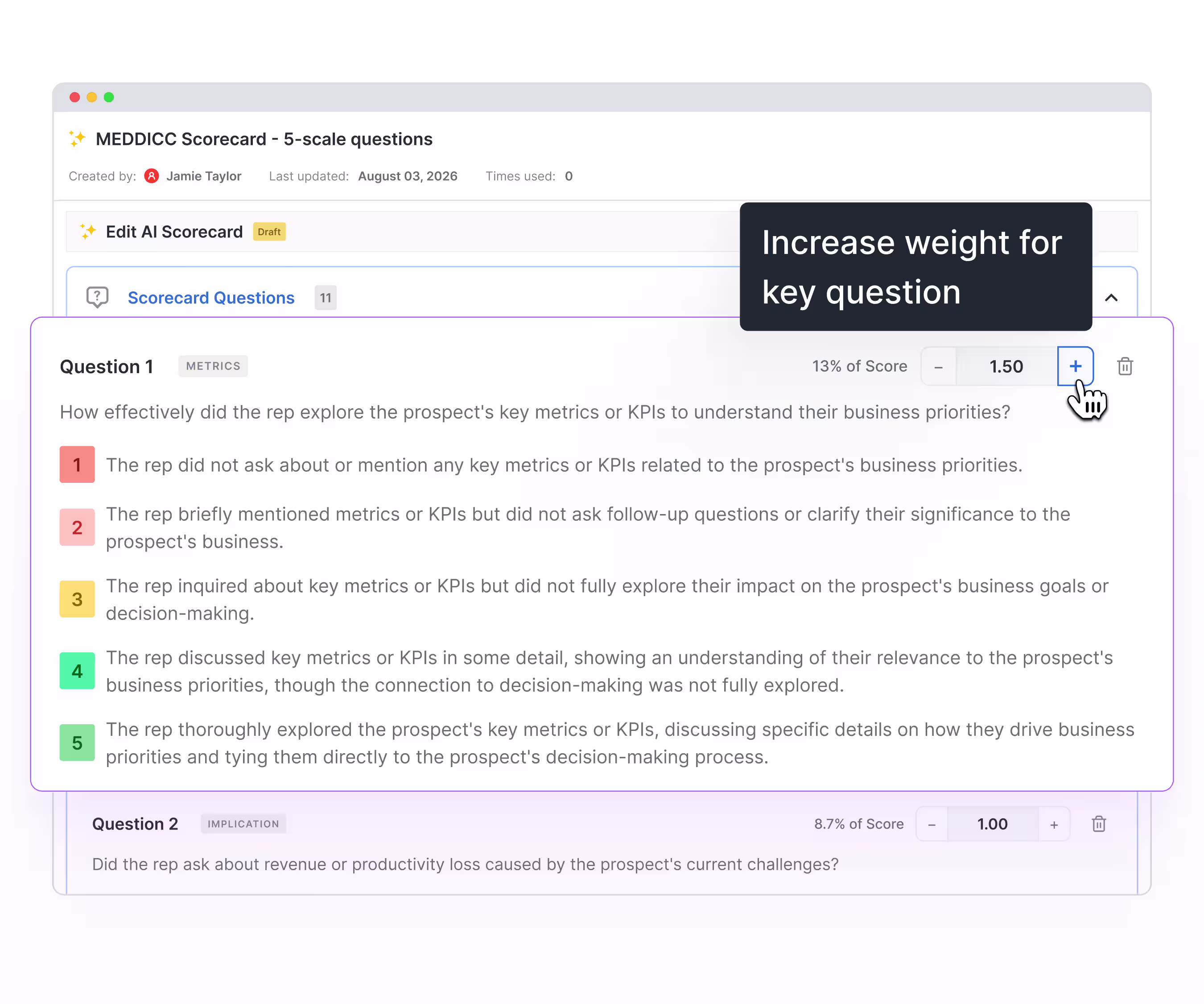 Weight Multipliers for AI Scorecard questions in Avoma