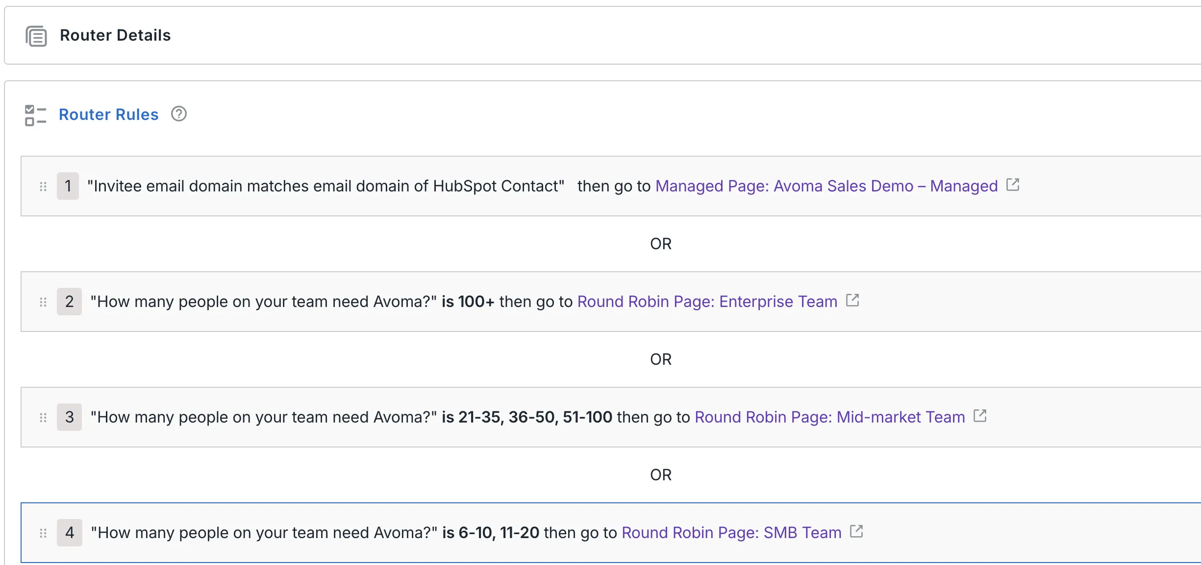 Route inbound prospects to the appropriate sales rep using configured routing rules and lead information, so buyers can book with the right person without manual assignment.