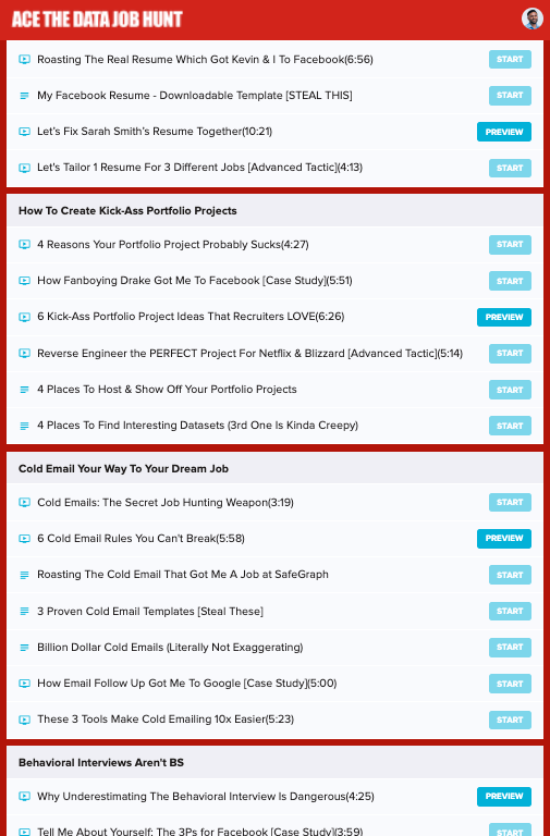 Ace the Data Job Hunt Course cirriculum