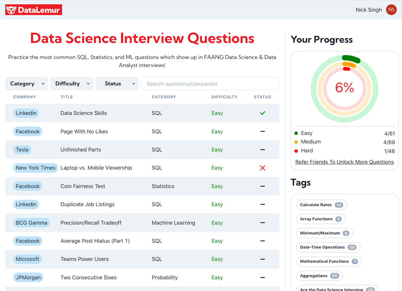 DataLemur has hundreds of real Statistics and Probability Interview questions, sourced from real Data Science and Data Analyst interviews at companies like Facebook and Google.  