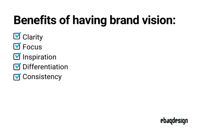 Benefits of having brand vision - Clarity, Focus, Inspiration, Differentiation, and Consistency.