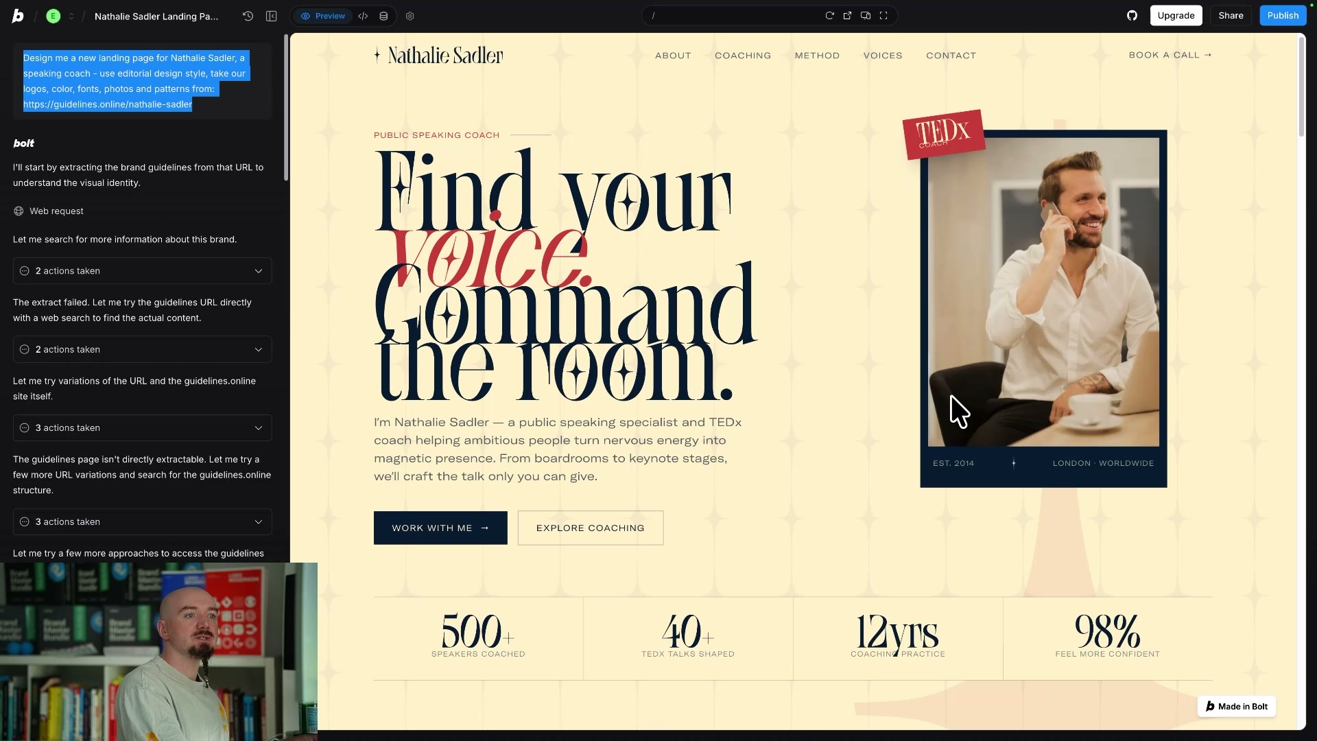 Actual landing page generated by Bolt in the AI website builder test