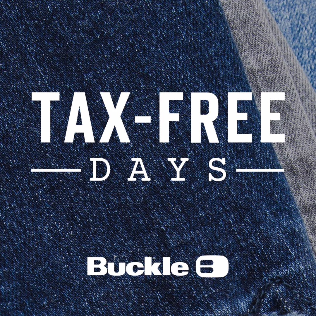 tax free days text on a denim background with buckle logo