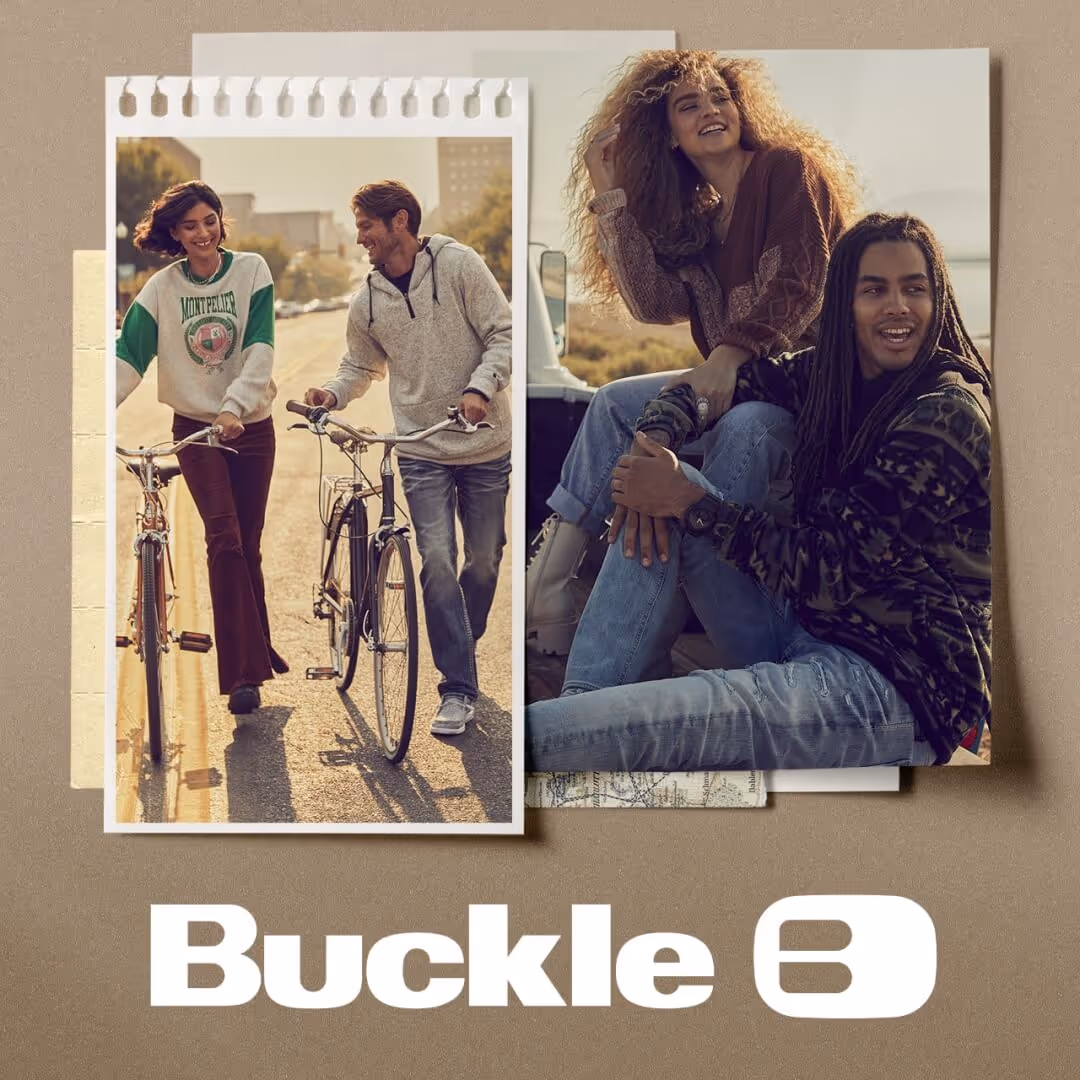 Two young people wearing casual Buckle apparel while walking with bikes overlaid on a photo of a different couple wearing Buckle jeans and casual sweaters