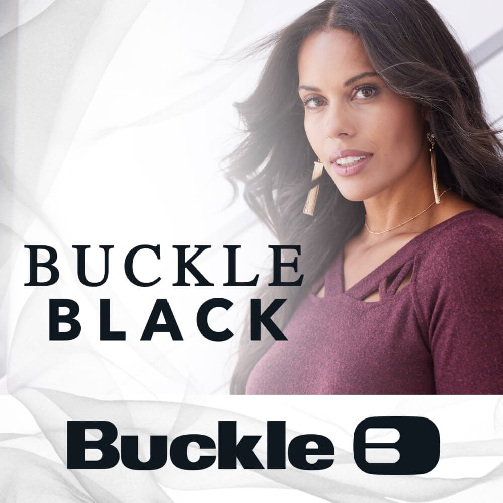 "Buckle Black" text with a woman wearing a maroon Buckle shirt