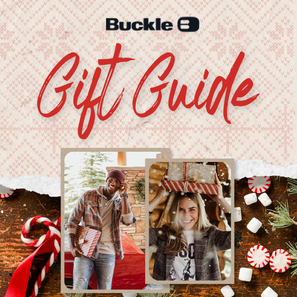 Gift Guide in red brush script with photos of models wearing seasonal apparel, and a background of candy, evergreen branches and gifts