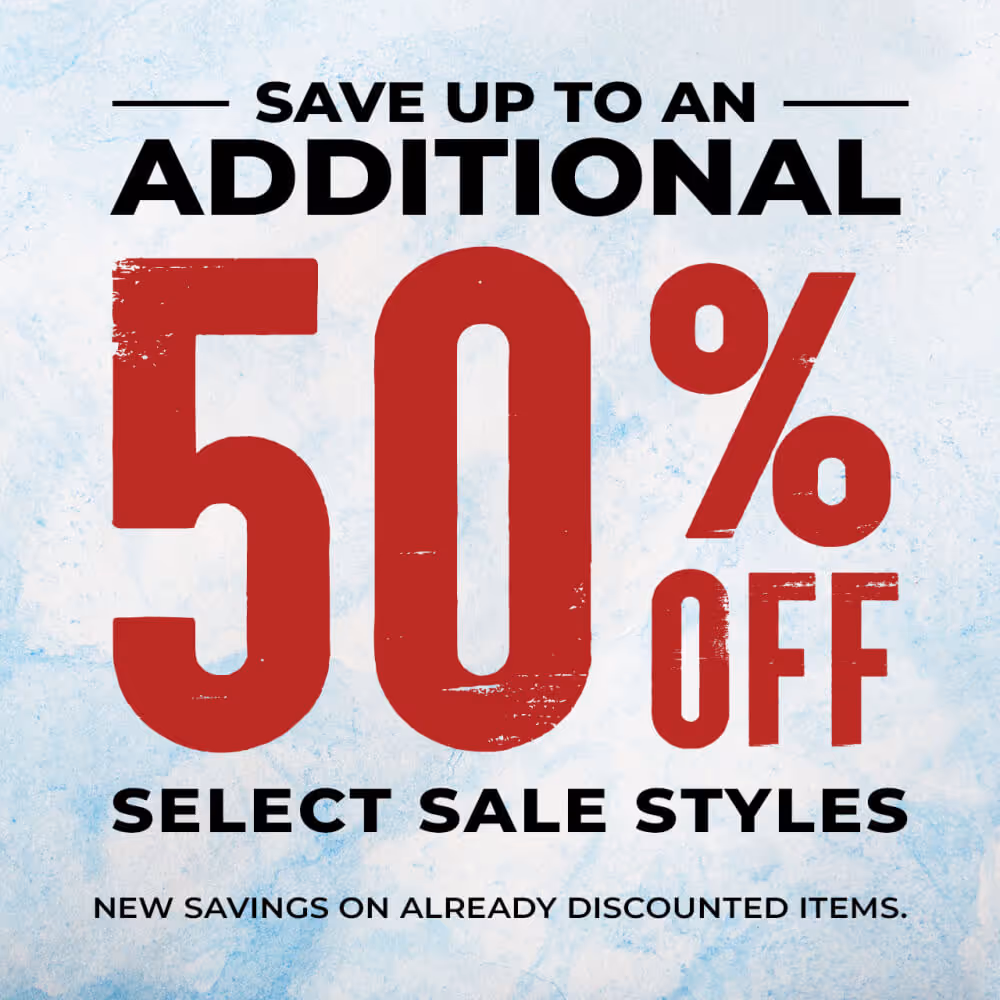 blue background with black and red words saying "save up tp an additional 50% off select sale styles, new savings on already discounted items"