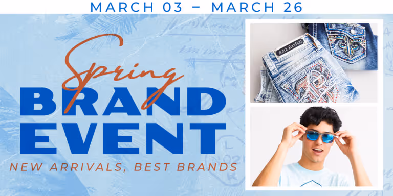 model wearing Buckle spring apparel with text saying "spring brand event, new arrivals, best brands, March 3- March 26"