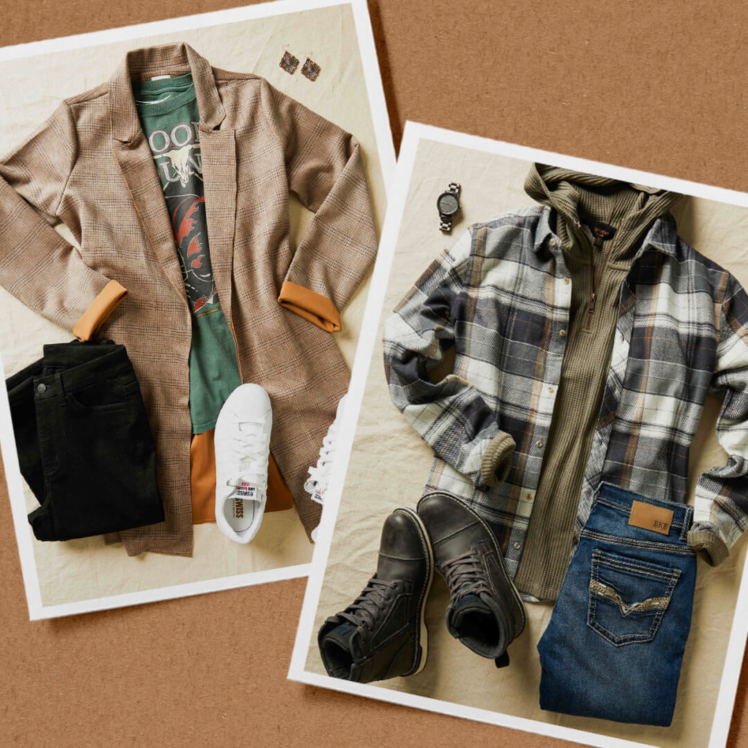 Two printed photos of casual outfits from Buckle