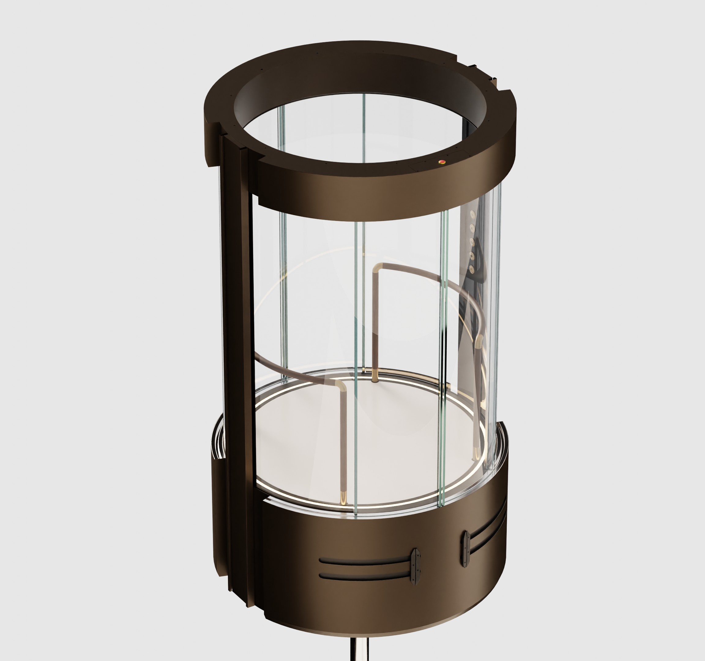 Modern cylindrical glass elevator with dark brown metal framing and interior handrails.