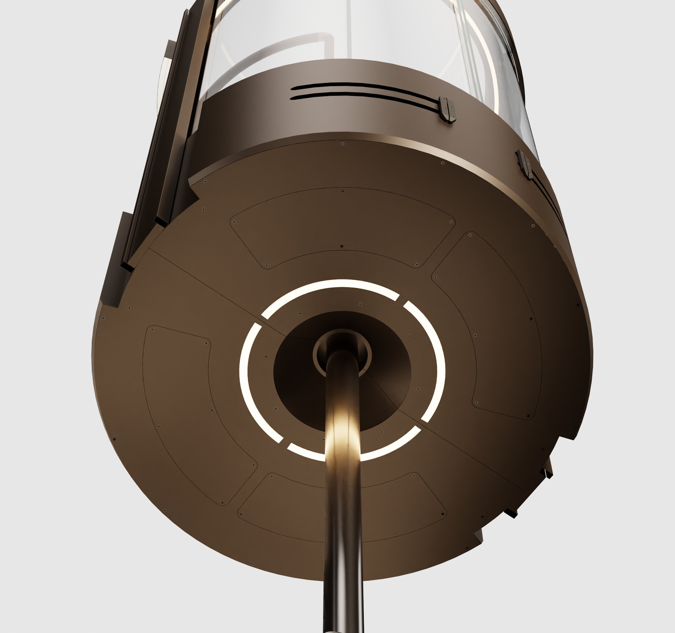 Underside view of a modern, cylindrical streetlamp with circular LED light accents and a central supporting pole.