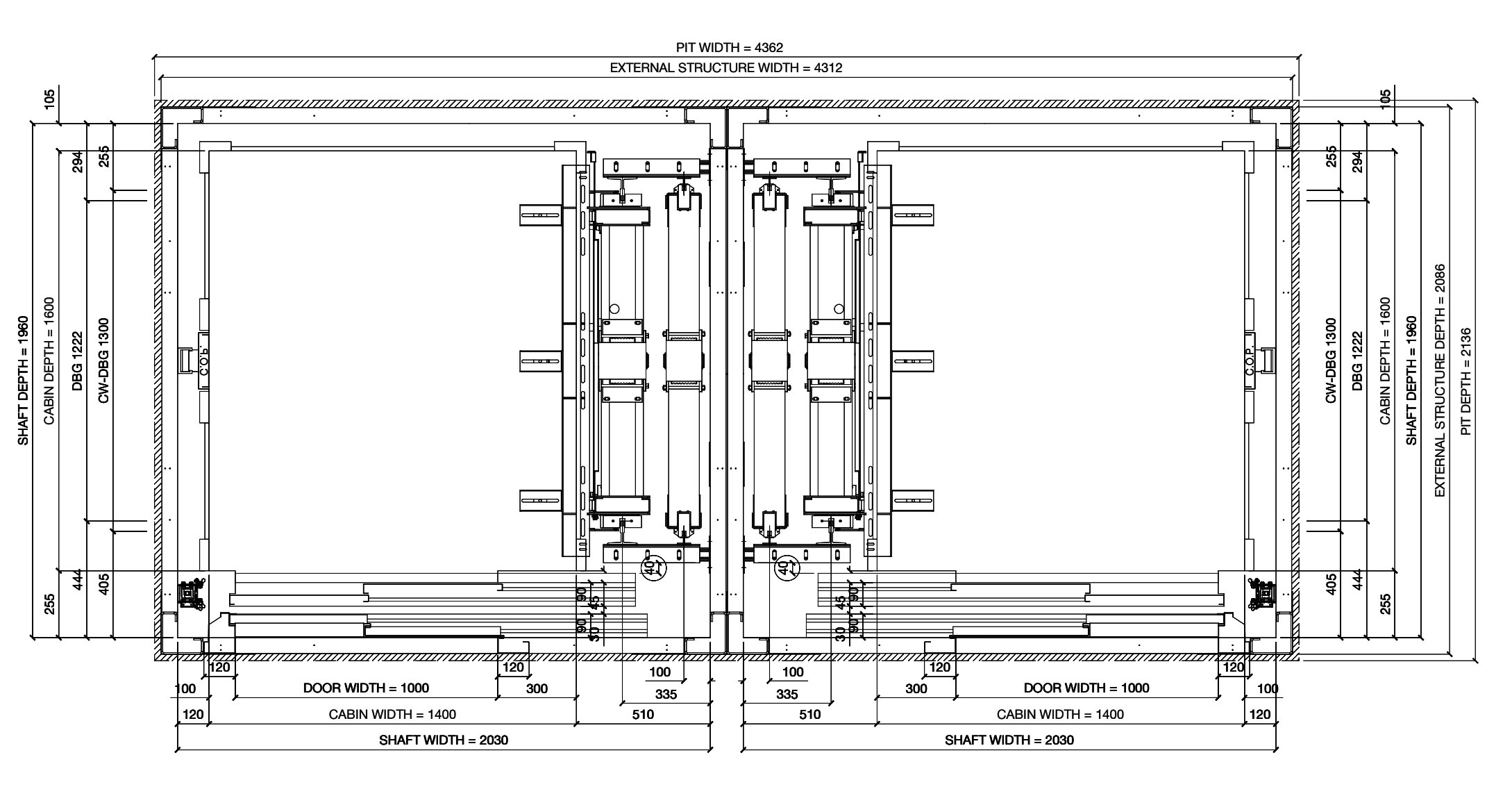Technical top-view blueprint of an elevator shaft and car layout with detailed measurements and labels for shaft width, car width, depth, and various component dimensions.