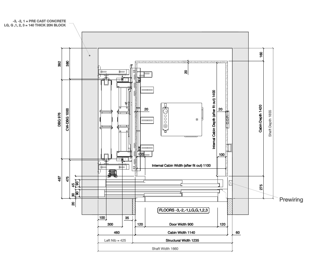 Technical shaft plan drawing showing dimensions for shaft width 1660, door width 900, cabin width 1140, and structural width 1235 with details on internal cabin dimensions and prewiring.