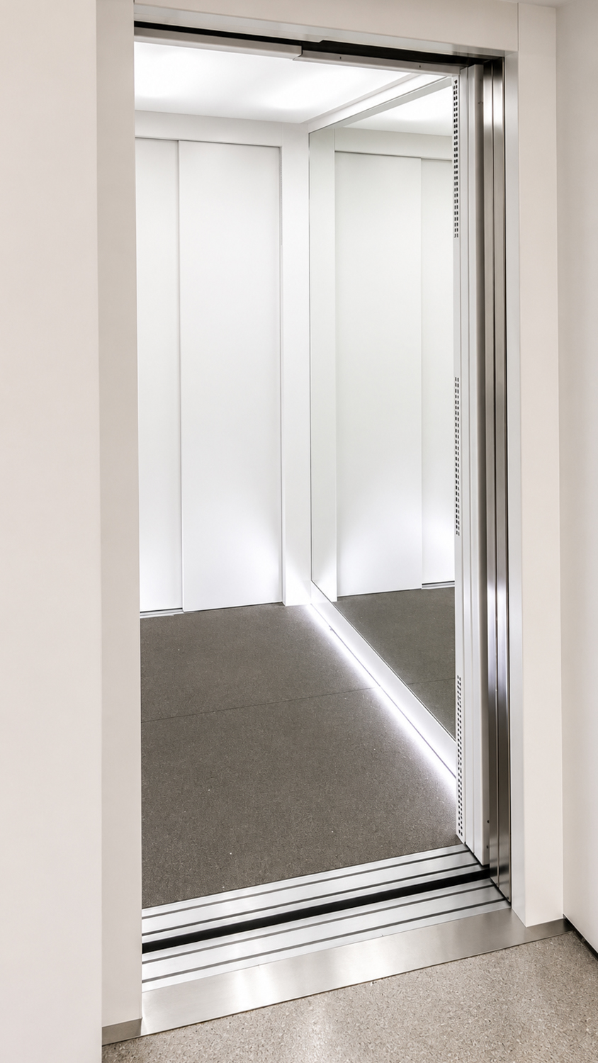 Open empty modern passenger lift in Alo Yoga store with reflective mirrored wall and lighted edges on floor.