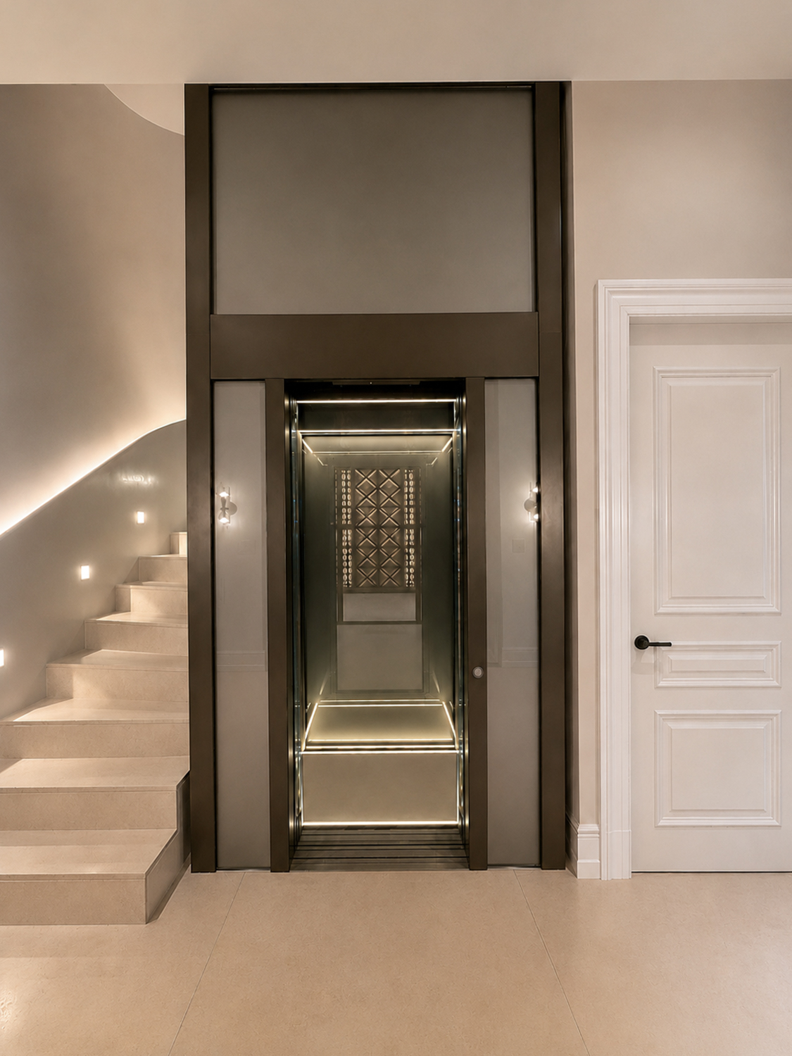 Modern scenic glass liftwith illuminated interior between staircase and white door in a minimalist home.