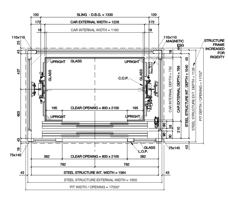 Technical shaft plan showing dimensions of car width, structure, clear openings, and pit depth.