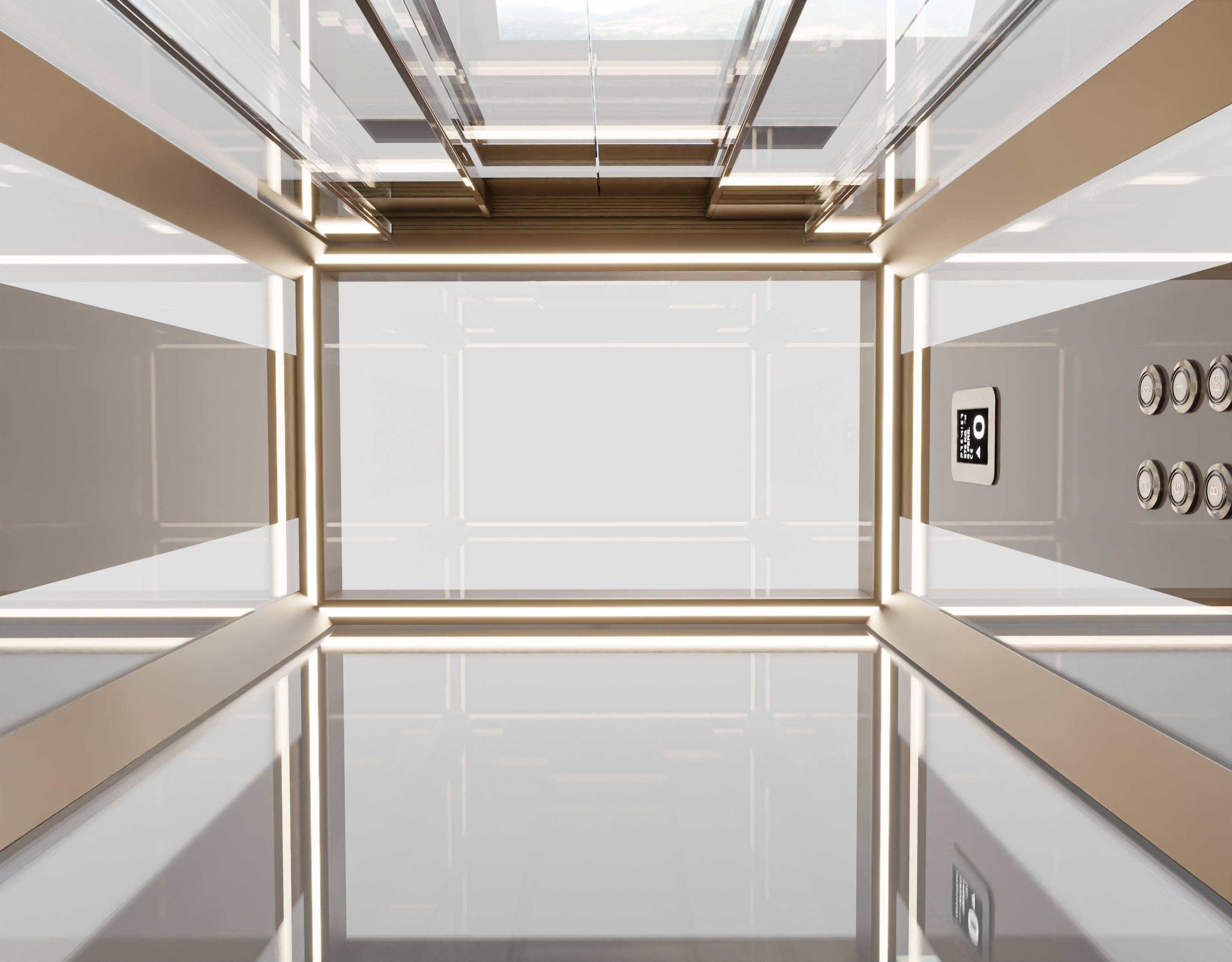 Bespoke glass passenger elevator panel with brass buttons for floors, bell, and door controls inside a lift.