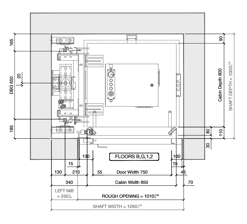 Technical shaft plan drawing showing dimensions for shaft width 1660, door width 900, cabin width 1140, and structural width 1235 with details on internal cabin dimensions and prewiring.