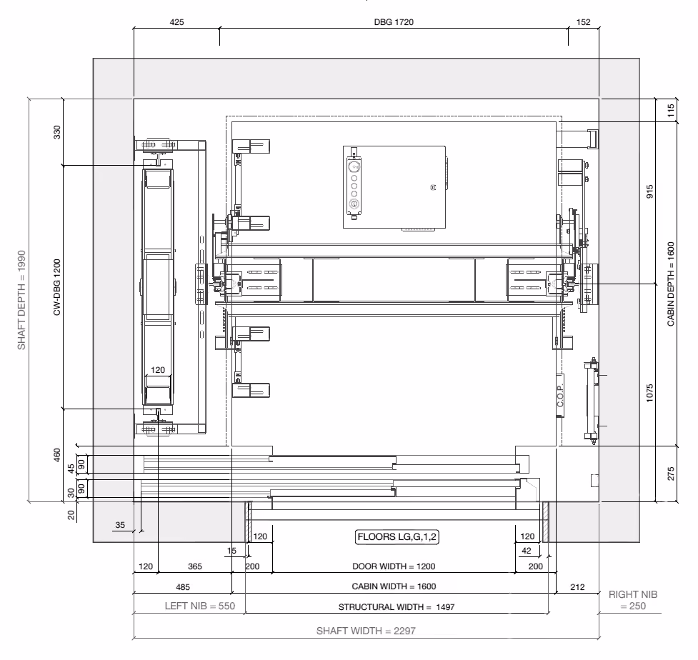Technical shaft plan drawing showing dimensions for shaft width 1660, door width 900, cabin width 1140, and structural width 1235 with details on internal cabin dimensions and prewiring.